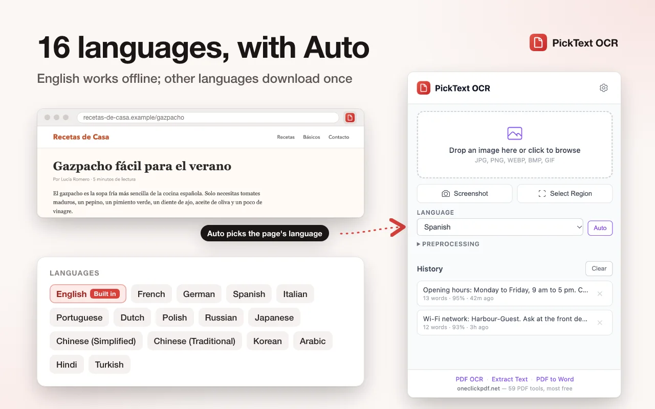 Choosing one of the 16 languages PickText OCR can read